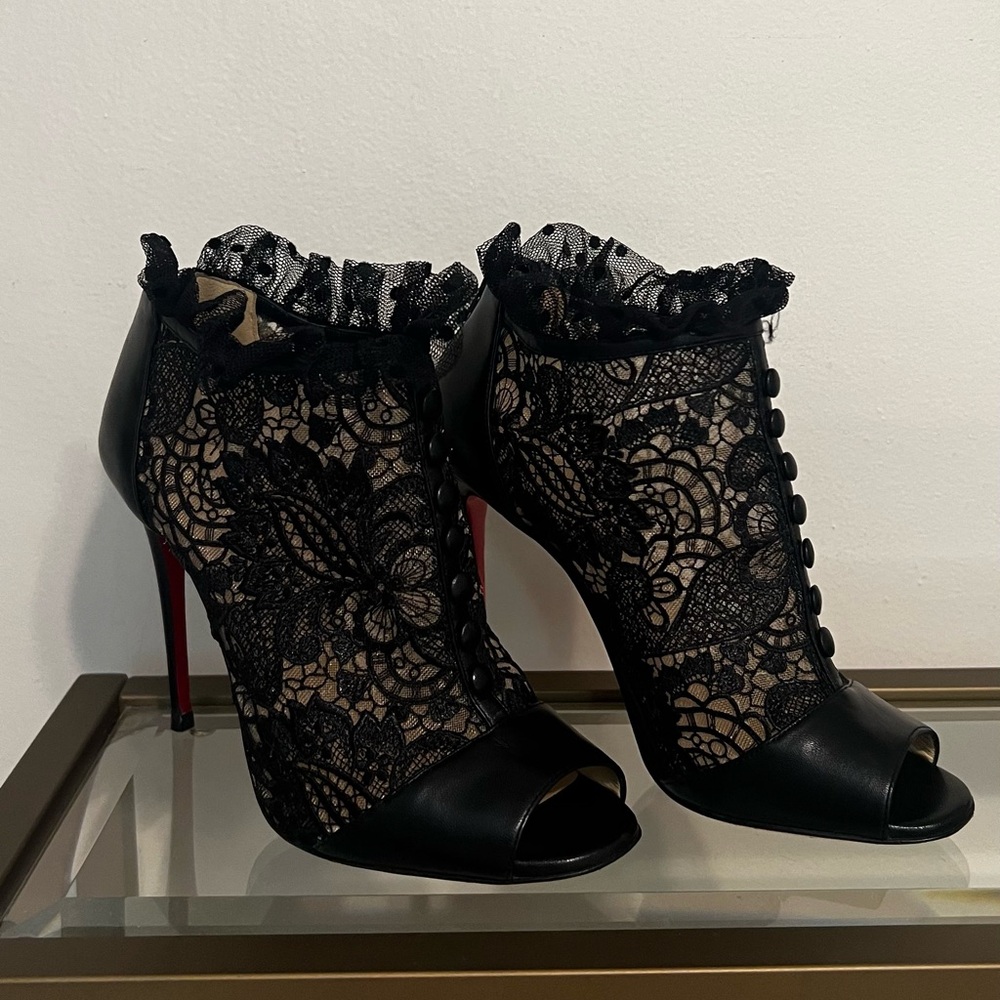 Christian Louboutin Black Stiletto Heels with Lace Overlay Size 38